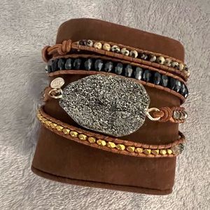 NWOT Aria Lattner Silver Pyrite Leather Beaded Wrap Bracelet